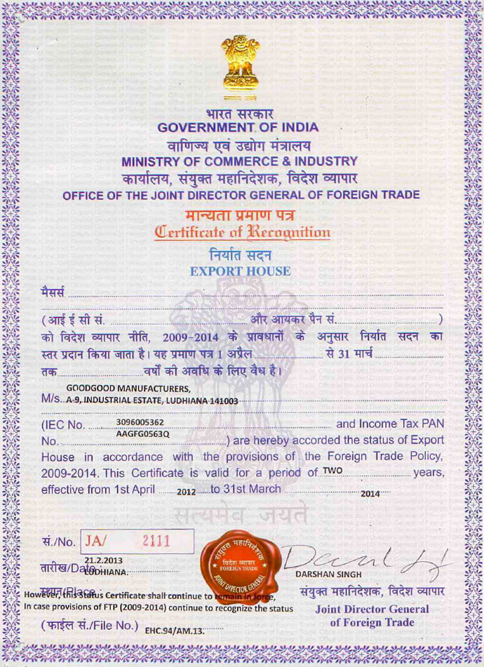 Goodgood Manufacturers export certificate